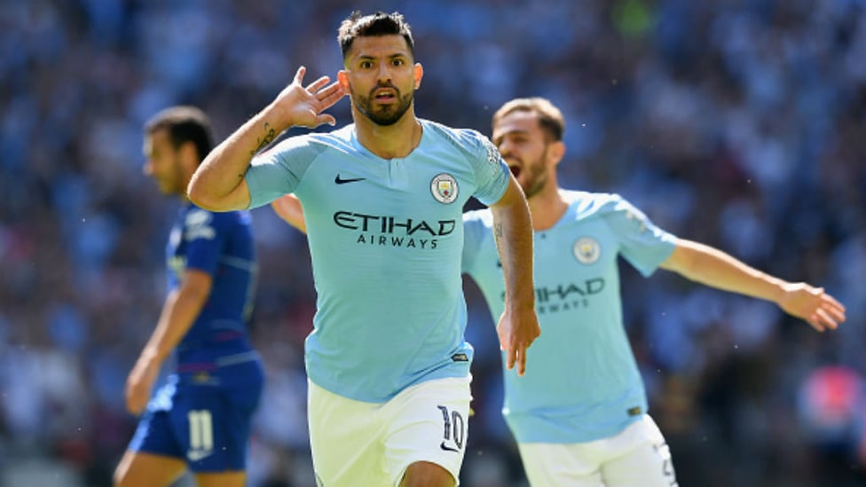 DOUBLE CENTURY : Sergio Aguero celebrates his 200th City goal in the Community Shield win over Chelsea