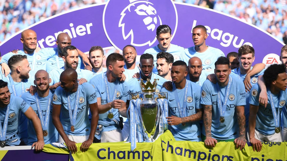 JUST CHAMPION : Aymeric Laporte and his City colleagues are all smiles after we are crowned 2017/18 Premier League champions