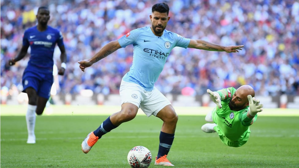 SO CLOSE : Sergio Aguero beats Willy Caballero but is just off target on this occasion