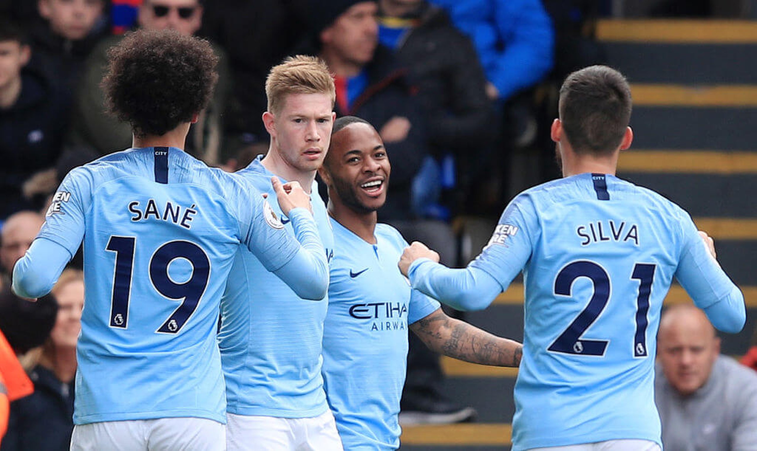 GOOD TIMES: Raheem Sterling celebrates opening the scoring for City.
