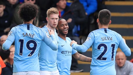 GOOD TIMES: Raheem Sterling celebrates opening the scoring for City.