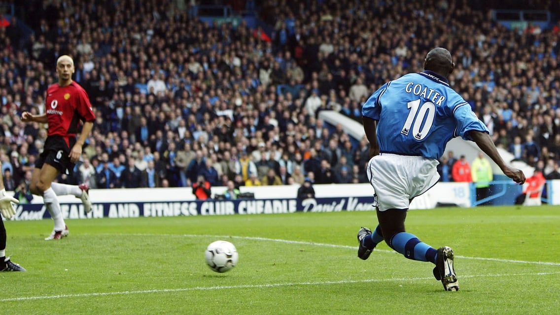 Shaun Goater scoring in the Manchester Derby