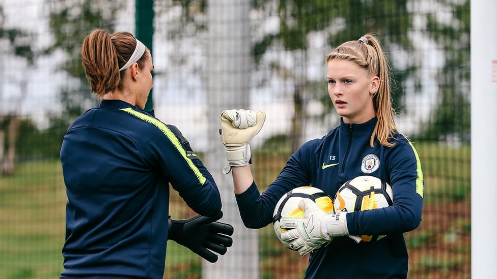 YOUTH AND EXPERIENCE : Karen Bardsley and Fran Stenson swap places between the sticks