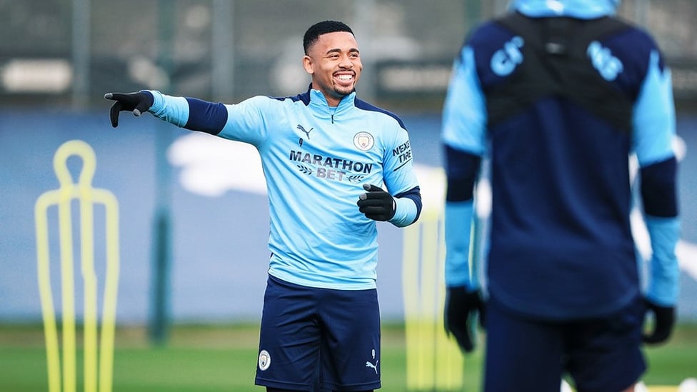 THAT WAY : Gabriel Jesus pointing in the direction of Saturday's clash!