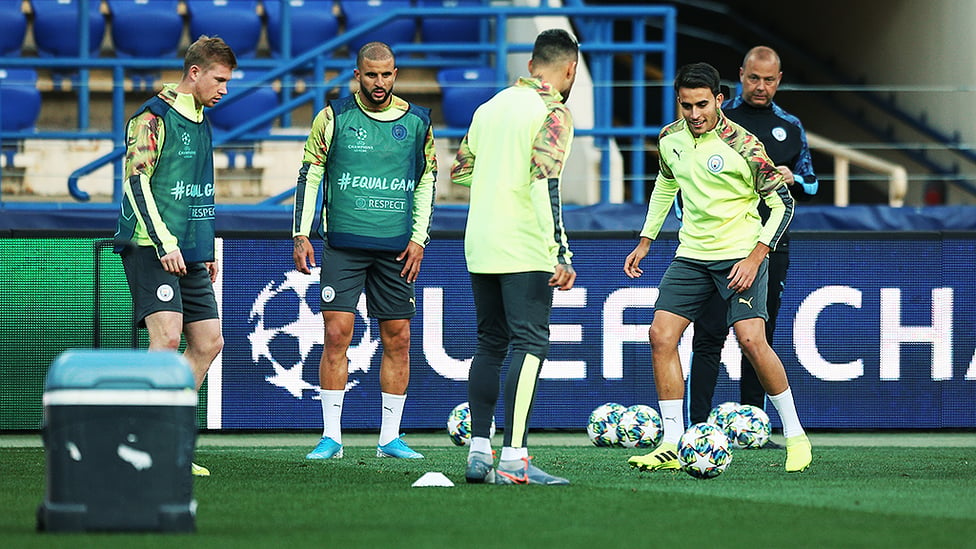 IN THE THICK OF IT : Eric Garcia goes through his paces along with Kevin De Bruyne, Kyle Walker and Nicolas Otamendi