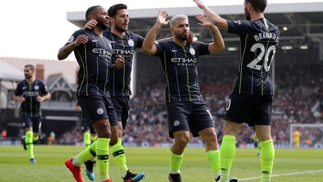 PERFECT START: The team celebrates Bernardo Silva's opener