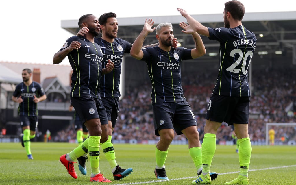 PERFECT START: The team celebrates Bernardo Silva's opener