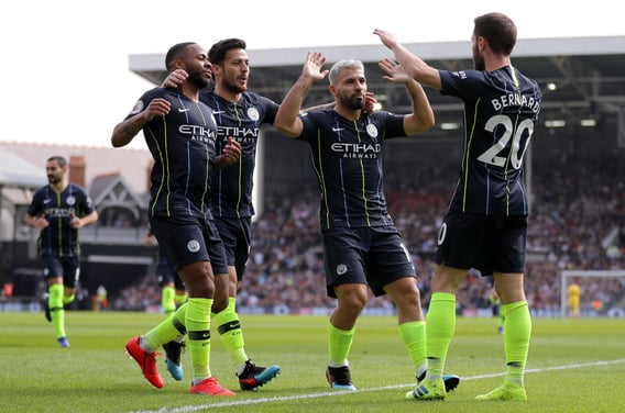 PERFECT START: The team celebrates Bernardo Silva's opener