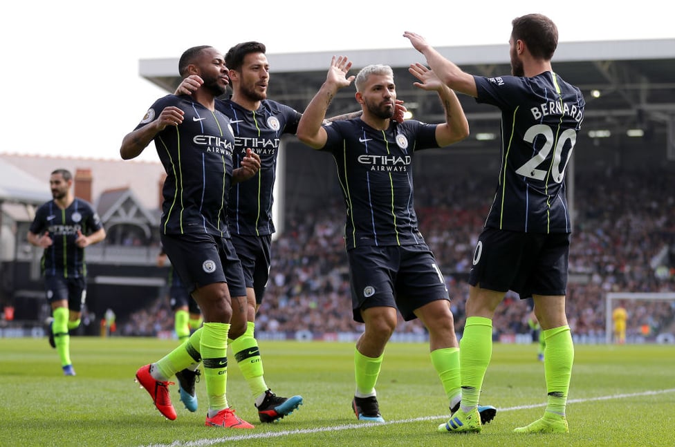 PERFECT START : The team celebrates Bernardo Silva's opener