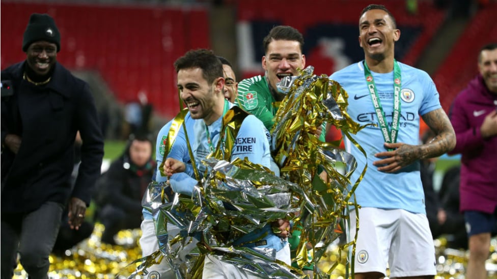 SOLID SILVA : Bernardo joins in the celebrations after our Carabao Cup final win over Arsenal in February 2018 - his first trophy with the Blues