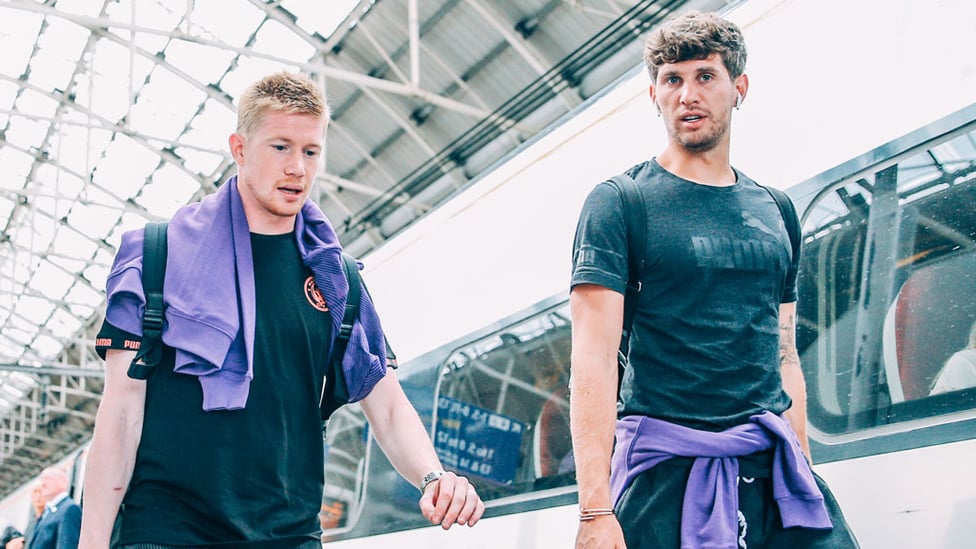 TWO'S COMPANY : Kevin De Bruyne and John Stones prepare for the journey to the capital