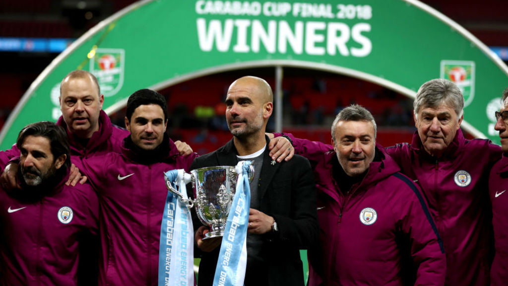 
                        UP FOR THE CUP:  Pep and his coaching team savour our Carabao Cup final success
                