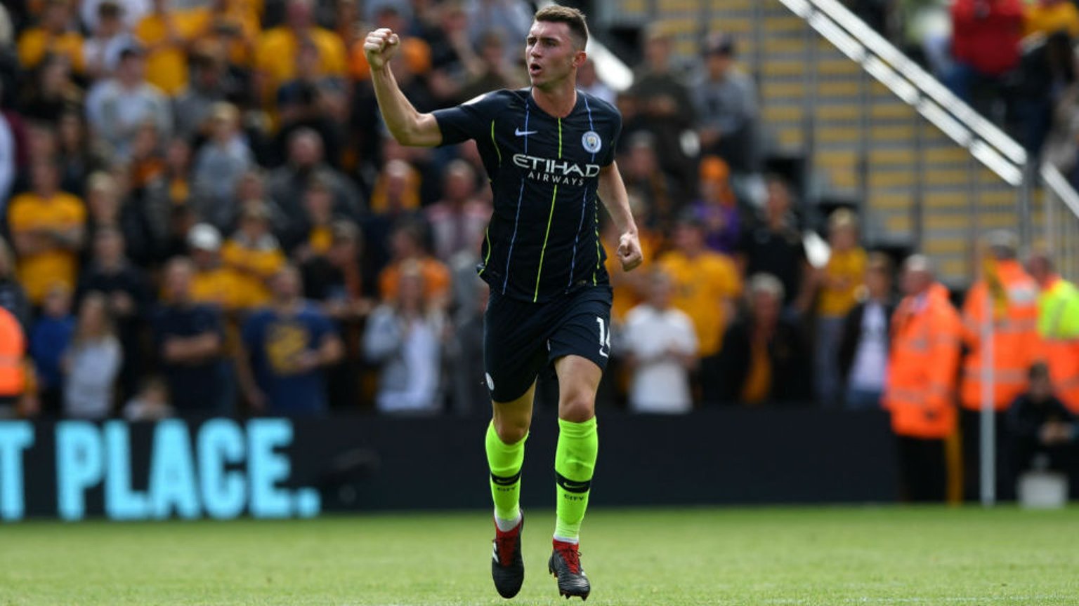 LEVEL BEST: Aymeric Laporte celebrates after heading home his first goal for the club
