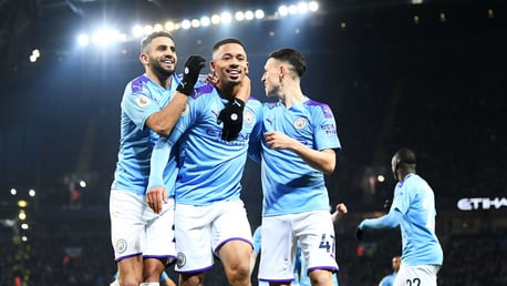 ALL SMILES: Mahrez and Foden celebrate with goalscorer Jesus.