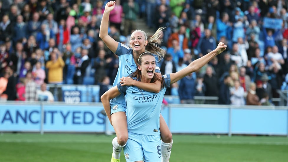 TITLE TILT: Jill and Toni Duggan celebrate after a crucial league win over Chelsea in 2016