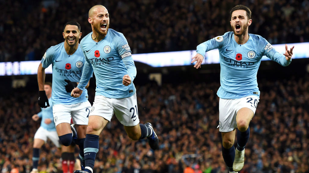 WHAT A FEELING : David Silva starts the celebrations after his opener against United