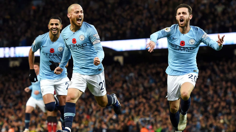 WHAT A FEELING : David Silva starts the celebrations after his opener