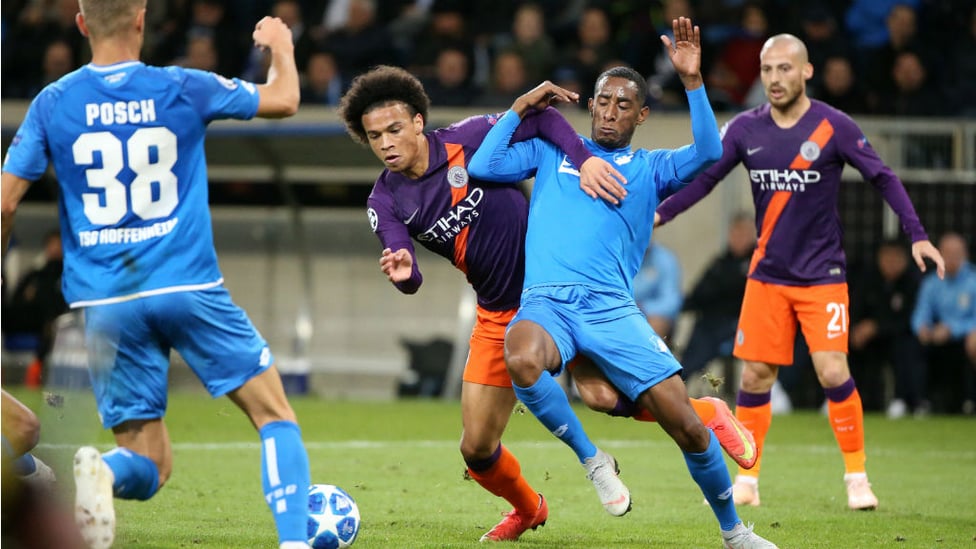 UP AND AT 'HEIM : Leroy Sane looks to cut a swathe through the Hoffenheim defence