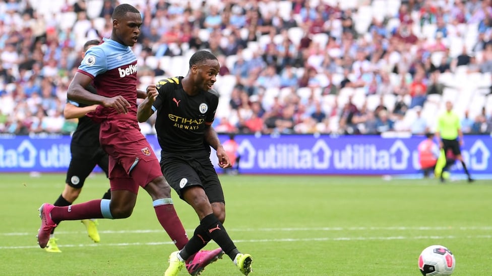 HAT-TRICK HERO : Raheem Sterling nets his third and City's fifth of the afternoon.