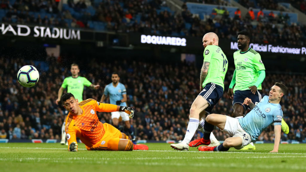 SO CLOSE : Phil Foden is denied by Cardiff keeper Neil Etheridge