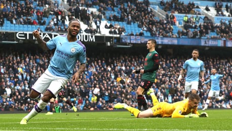 RAMPANT RAHEEM: Raheem Sterling wheels away in celebration, after breaking the deadlock