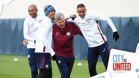 CENTRE OF ATTENTION: Brian Kidd enjoys a light moment in training with Fernandinho, Gabriel Jesus and Danilo