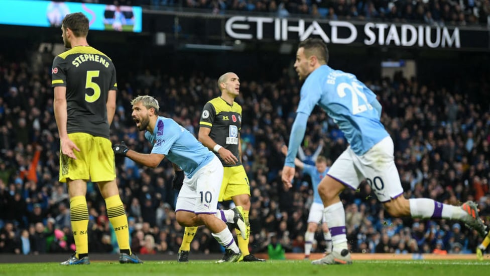 FAMILIAR SIGHT : Aguero roars as he finds the net.