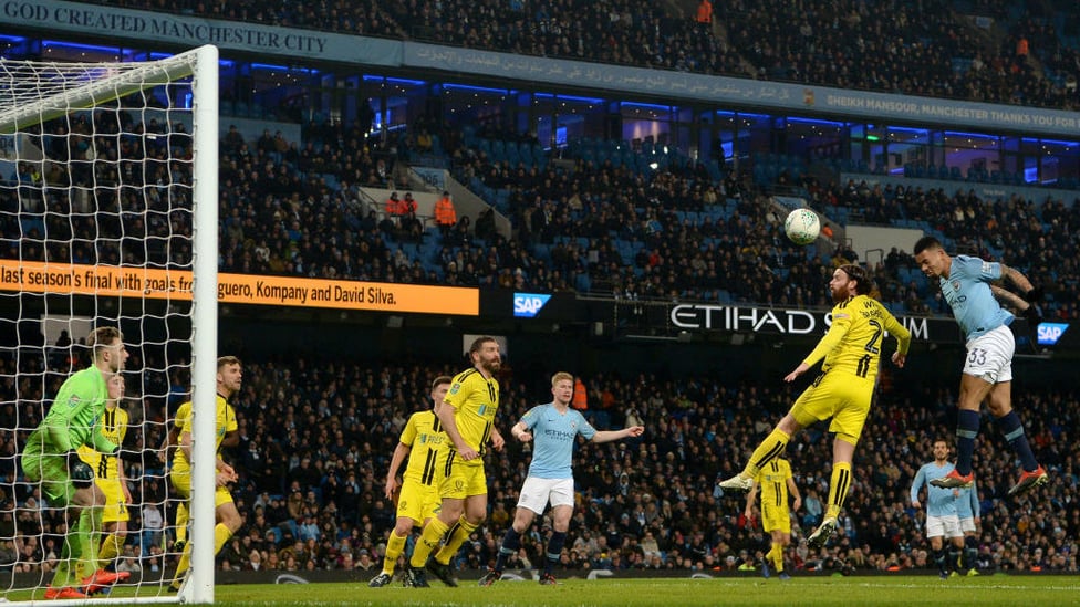 THREE CHEERS : Gabriel Jesus heads home to complete his hat-trick