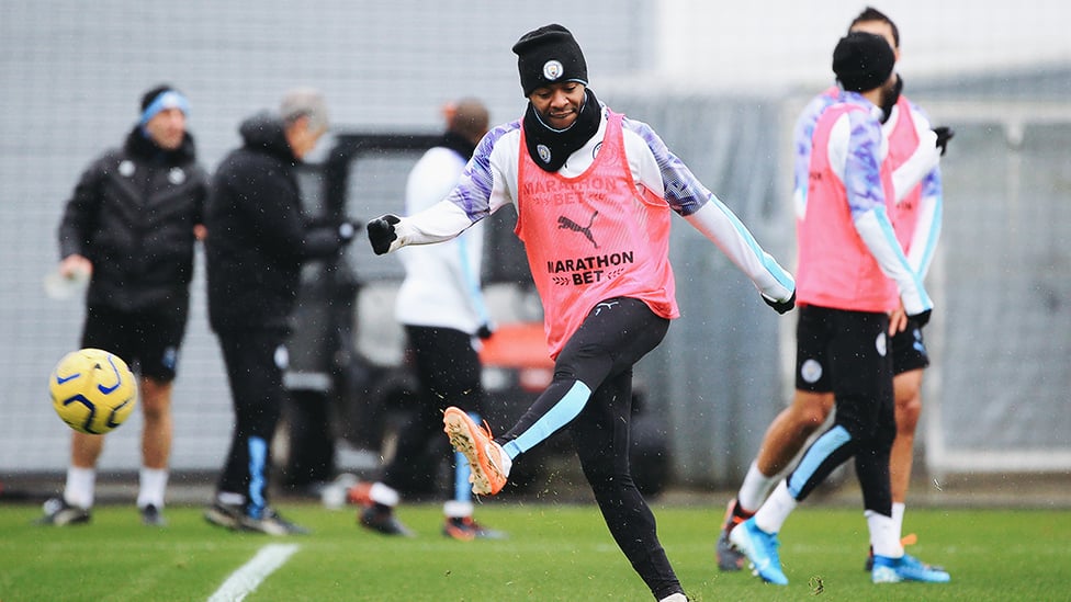 RAZZLE DAZZLE : Raheem Sterling limbers up with a left foot shot