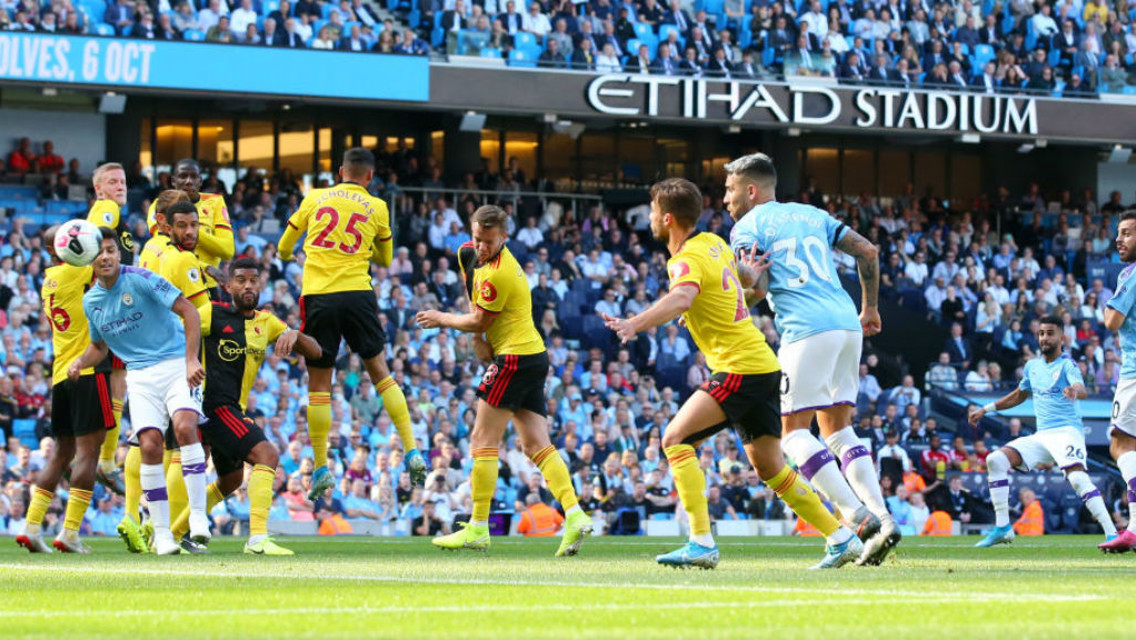THREE CHEERS: Riyad Mahrez's deflected free-kick makes it 3-0