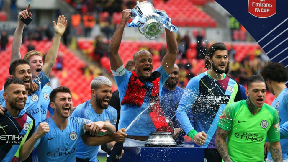 HISTORY MEN : Vinny and the City squad celebrate City's 2019 FA Cup triumph after our 6-0 win over Watford