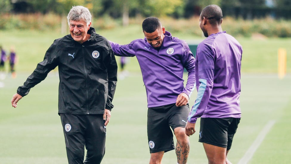 THREE CHEERS : Coach Brian Kidd shares a smile with Gabriel Jesus and Fernandinho