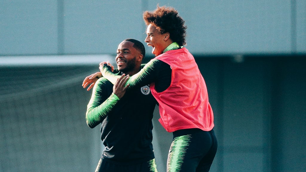 BLUES BROTHERS: Raheem Sterling and Leroy Sane celebrate