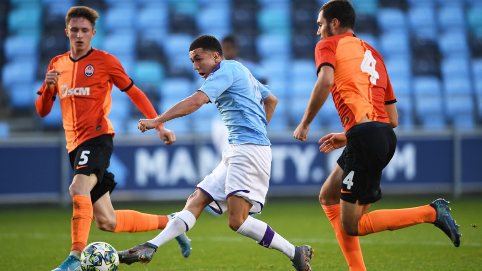 SLICK: Ian Poveda makes it 3-0 for City U19s against Shakhtar Donetsk.