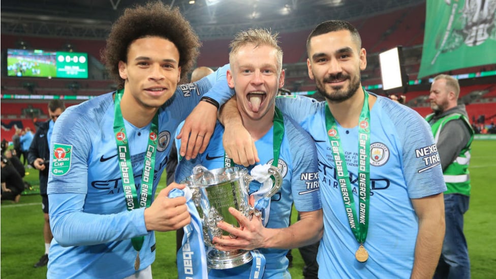 CUP DOUBLE: Leroy celebrates our 2019 Carabao Cup success with Oleks Zinchenko and Ilkay Gundogan 