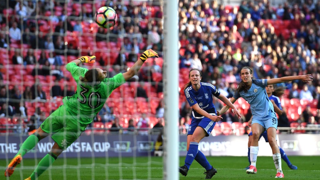 CUP WINNER: Jill Scott rifles home against Birmingham in the 2017 FA Cup final at Wembley.