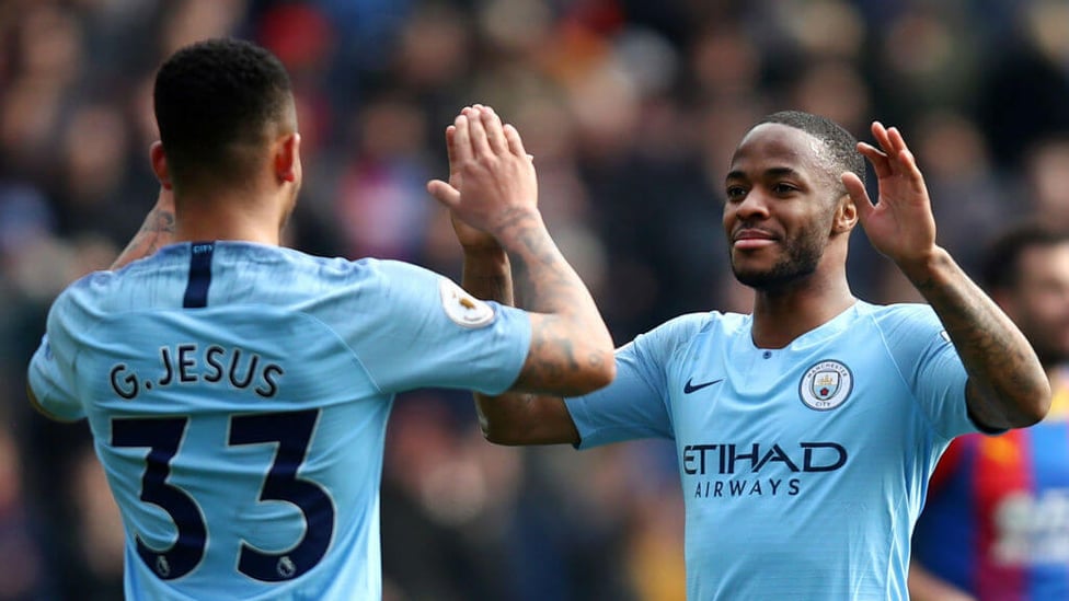 GOALS GALORE : Match Winner Gabriel Jesus celebrates with double goalscorer Raheem Sterling.