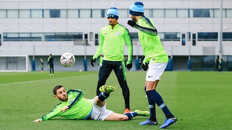 EYES HAVE IT: Bernardo demonstrates his magical ball-hovering powers under the gaze of Gabriel Jesus and Riyad Mahrez