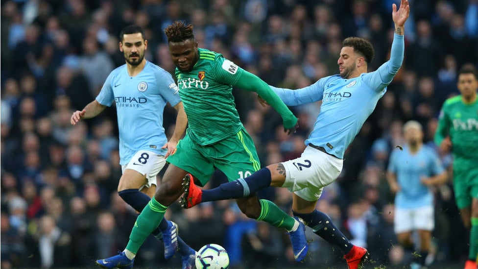 NO ENTRY : Kyle Walker puts a block on Isaac Success