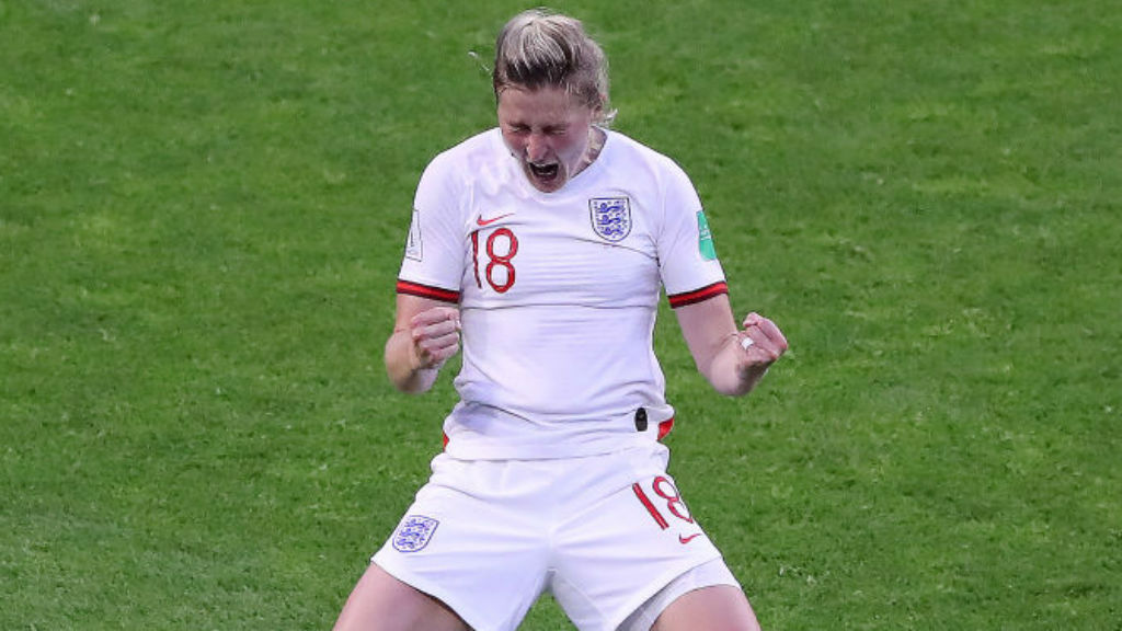 DOUBLE DELIGHT : Ellen White celebrates after making it 2-0 for England