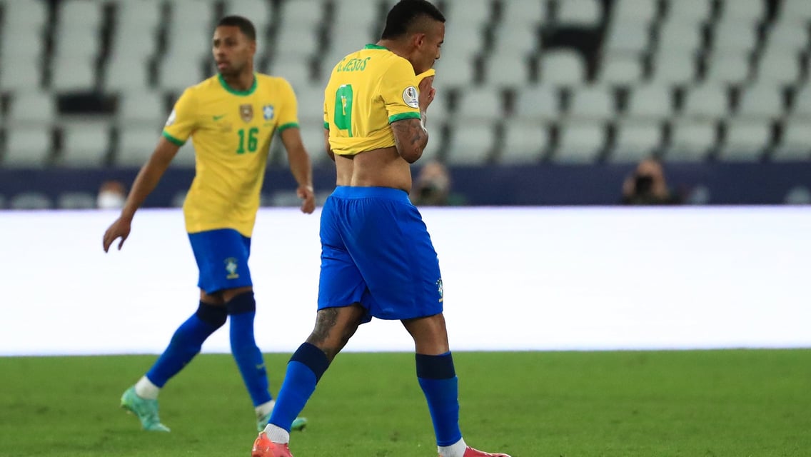 Gabriel Jesus shown straight red as Brazil book semi spot