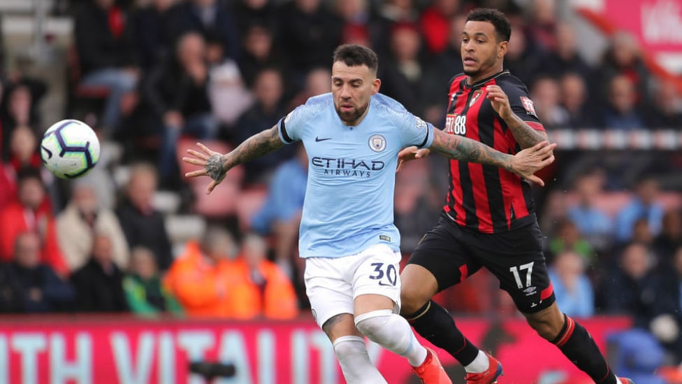 NO ENTRY : Nicolas Otamendi shuts the door on Bournemouth's Josh King