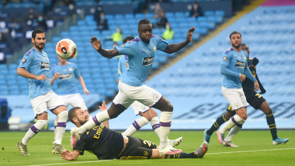 Benjamin Mendy in the thick of the action for City against Arsenal last Wednesday