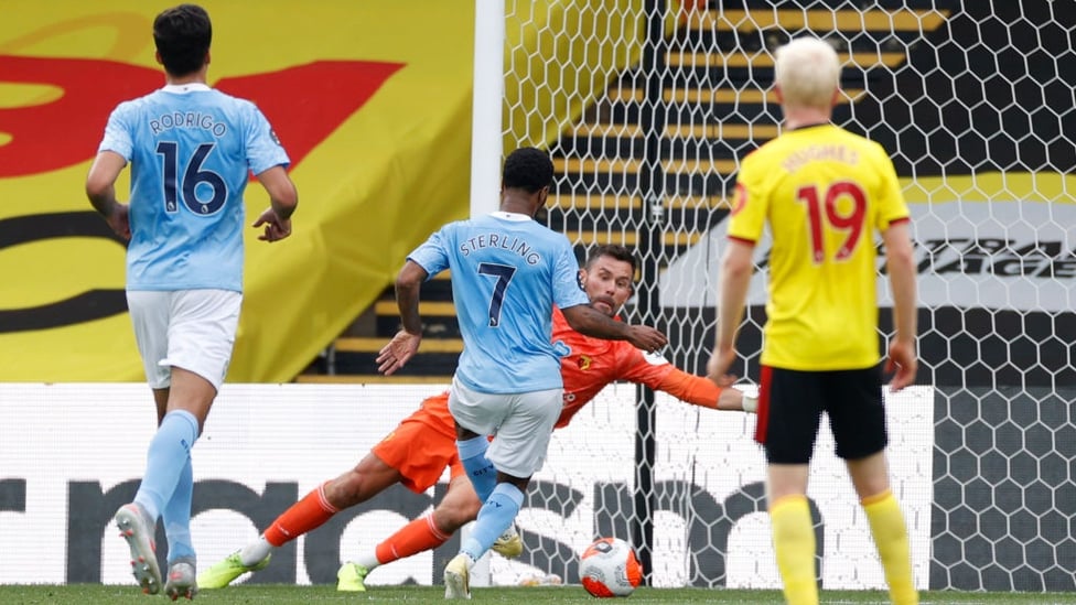 ON THE SPOT : Sterling taps in his second goal ten minutes later after his penalty was saved by Foster.