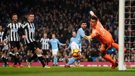 ON TARGET: Sergio Agüero watches on as his deft header finds the bottom corner to hand City the lead.