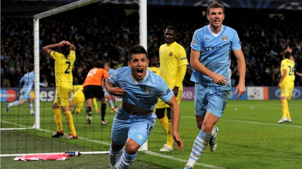 EURO FIGHTER : Sergio can't contain his delight after netting a dramatic stoppage time winner over Villareal in the Champions League in 2011