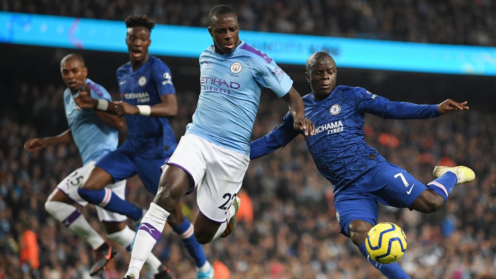 FIRST BLOOD : The visitors strike first, as N'Golo Kante squeezes the ball between Ederson and Benjamin Mendy