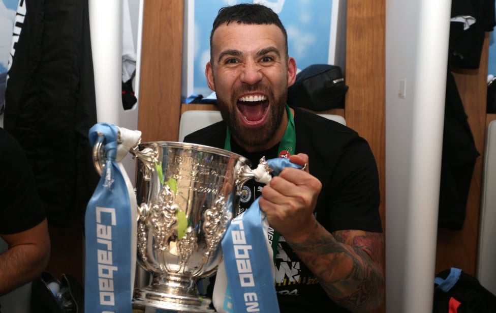 Nico! : Nicolas Otamendi celebrates the Carabao Cup triumph last March