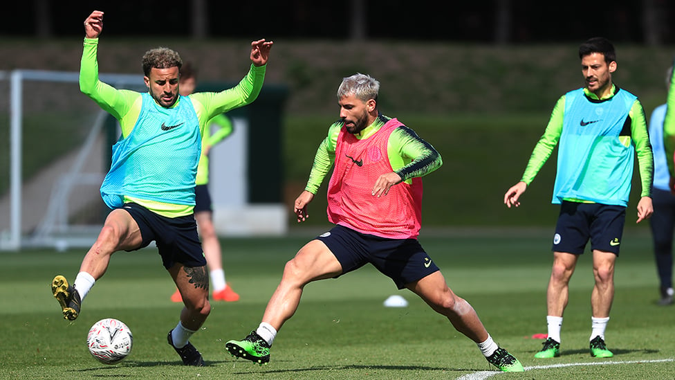 POWER SERGE : Kun closes down Kyle Walker as City step up preparations ahead of the final game of the season