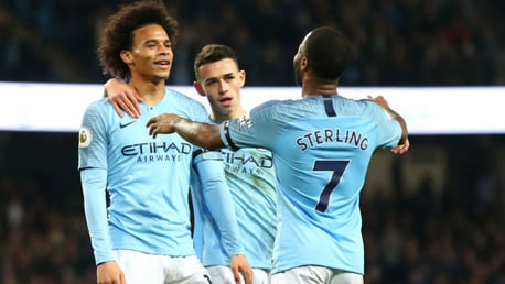 SIX OF THE BEST: Leroy Sane celebrates with Raheem Sterling after rounding off City's rout of Southampton